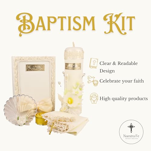 Complete Baptism Candle Set Unisex 5 pc | Baptism kit Catholic with Rosary - color: Cream