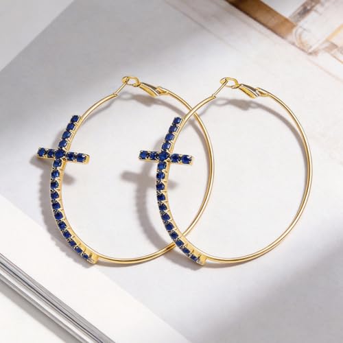 Large Cross Hoop Earrings for Women Sparkly Rhinestone Statement Jewelry for Prom Wedding Party Night Out Accessories Shiny Silver Tone Fashion Dangle Earings - color: Blue