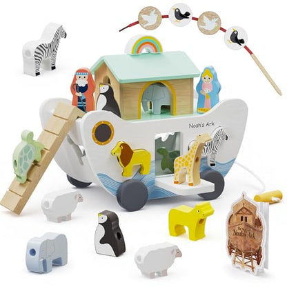 GiggleGems Noah's Ark Wooden Toy - All-in-1 Push Pull Shape Sorter for Toddlers - Montessori Animal Matching Set - Baptism Christening Gift for Birthday, Religious Toys for Boys Girls (18M+)