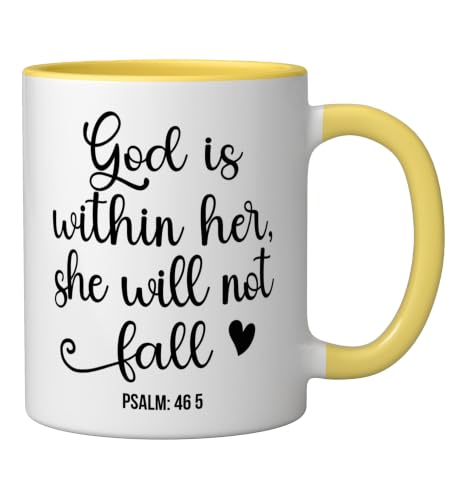 God is Within Her She Will Not Fall 46 5 Christian Verse Ceramic Mug, Yellow/White, 11oz - color: Yellow/White, size: 11 Ounces