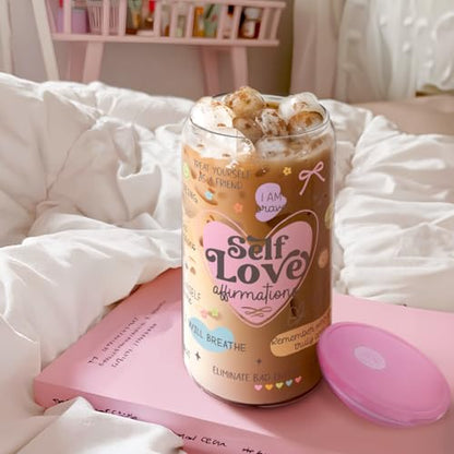 SANDJEST Inspiration Glass Can, Self Love Iced Coffee Aesthetic Cup, Gifts for Christmas Birthday, Gift for Women Girls, 16oz - color: Inspiration 3