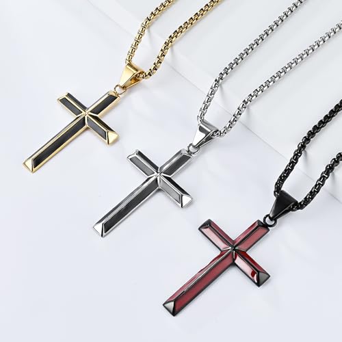 Cross Necklace for Men,Stainless Steel Christian Pendant Jewelry - color: A-Gold-60cm chain