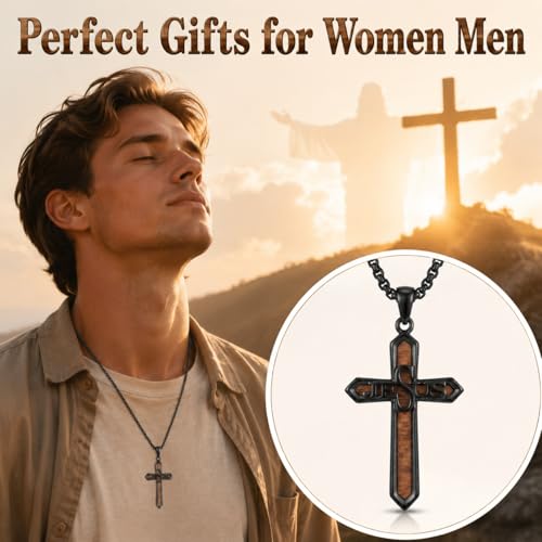 Cross Necklace for Men 925 Sterling Silver Cross Ebony Wooden Ankh Raven Praying Hands Crucifix Amulet Religious Jewelry Gifts for Men Women - color: Cross9