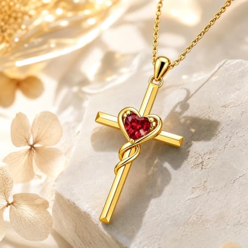 Birthstone Cross Necklace for Women 14K Gold Plated Heart Infinity Cross Pendant Necklace Christian Religious Jewelry Anniversary Birthday Gifts for Wife Mom Her - color: Jan/Garnet