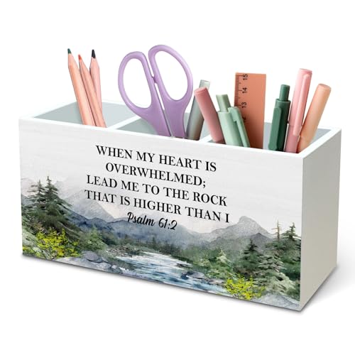 DILSJ Christian Mountain Pen Pencil Holder Organizer for Desk, Christian Gifts for Women Men, When My Heart Is Overwhelmed Bible Verse Wooden Box Signs for Home Office Desk Tabletop Decoration - color: Psalm 61:2