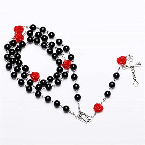 SZQCZB Rosary Beads Catholic Necklace Holy Soil Medal Cross Crucifix with Metal Box and 18pcs Prayer Cards - color: Black