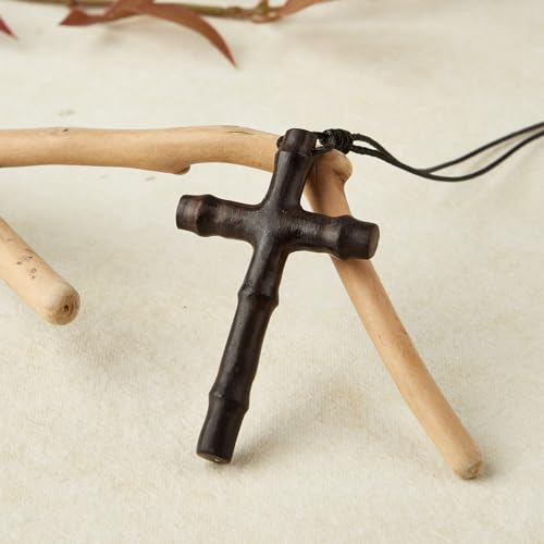 Men's Wooden Cross Necklace Real Handcrafted Ebony Wood Cross Pendants With Leather Necklaces Men's Black Cross Necklaces Christian Baptism Crucifix Pendant for Men(bamboo grain