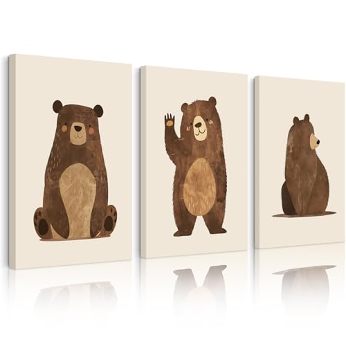 Nursery Wall Art Baby Canvas Pictures Bear Wall Decor Boys Room Prints Kids Poster Cute Animal Theme Pictures Woodland Bear Painting Neutral Children Artwork for Bedroom 12x16 Inch Ready to Hang - color: Bear Wall Art, size: 12''x16'' Wrapped Canvas