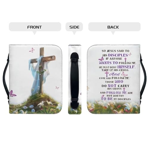Cross & Butterfly Print PU Leather Bible Case for Women Girls Bible Carrying Case with Top Handle - color: Cross & Butterfly, size: 2X-Large