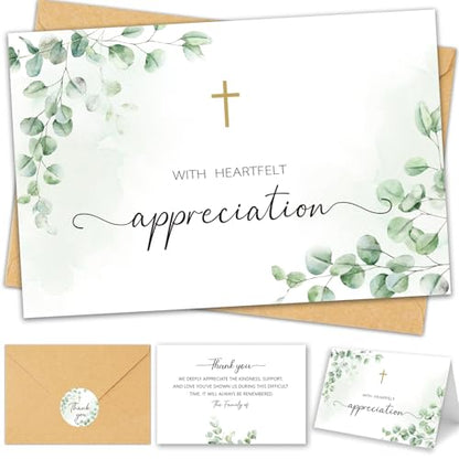 50 Funeral Thank You Cards with Envelopes, Eucalyptus Leaves Design - color: Light Green