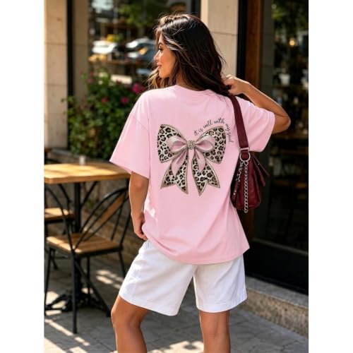 Leopard Bow Shirt Cheetah Bow Shirt Christian Shirts for Women Faith Bible Verse Shirts God Coquette Graphic Tees - color: Pink, size: Medium