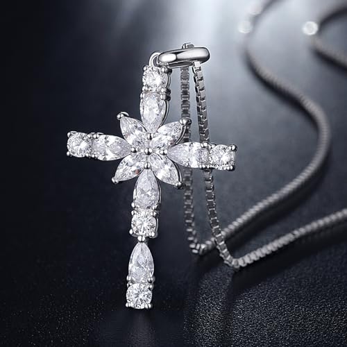 925 Sterling Silver Cross Necklace for Women，Birthday Delicate Star Cross Necklace Jewelry Gifts for Women，Birthstone Religious Jewelry for Mom, Chain 18 inch - color: D. 4. White-April-CZ