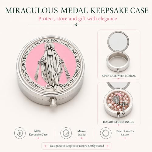 Catholic Pearl Cross Rosary Necklace — Ideal for Baptism, Prayer, Devotion — 6mm Glass Beads & 8mm Our Father Beads w/Caps, Miraculous Jewelry Box – Perfect Religious Gift for Women, Men - color: Pink