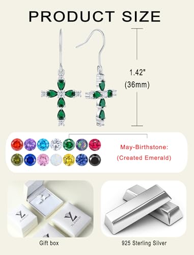 YL 925 Sterling Silver Cross Dangle Earrings Halo Birthstone Hook Earrings Religious Jewelry for Women - color: 5-emerald-May