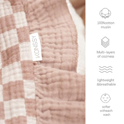 Konssy 100% Cotton Muslin Baby Blanket with Ruffle Trim for Girls, 43"x39" - color: Rosy Check