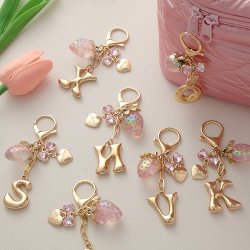 Snycler Bubble Initial Keychain Bag Charms for Women, A-Z Letter Keychain - color: Pink - Strawberry Bow Letter