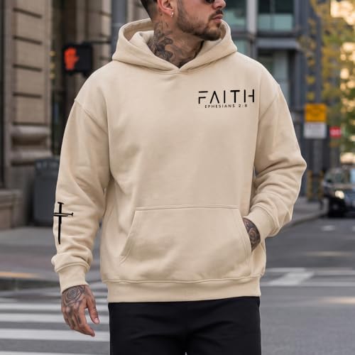 Christian Hoodies for Men Faith Cross Graphic Hoodie Jesus Fleece Sweatshirts Bible Verse Religious Pullover Tops - color: Apricot, size: Small