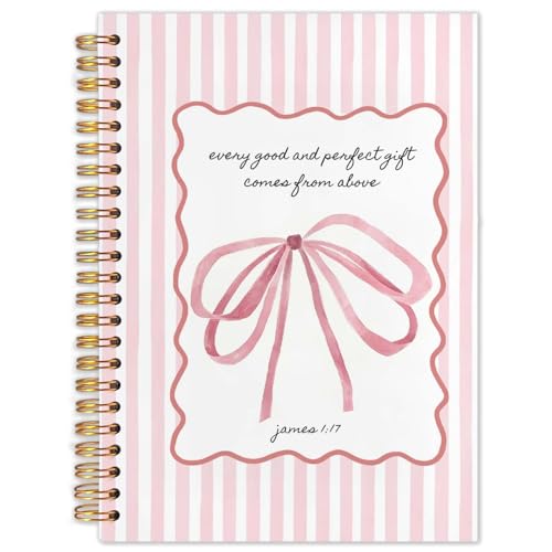 SAFDSGFDB Coquette Preppy Pink Bow Christian Notebook Journal 5.5x8.3, Religious Bible Verse Spiral Hardcover Journal Notebook for Women Prayer Church Note Taking - color: Stripe bow