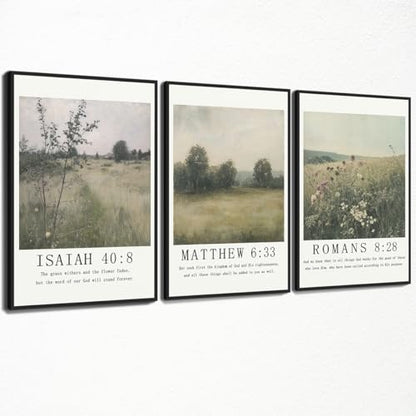Christian Canvas Wall Art, Religious Scripture Poster, Set of 3 Bible Verses Wall Print, Biblical Woodland Landscape Picture, Modern Spiritual Painting for Prayer Room, Home 12x16in Framed - color: Set 1-Framed, size: 12L" x 16W"
