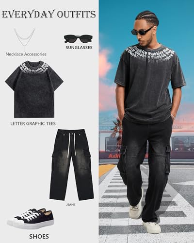 BAPHITY Mens Streetwear Crew Neck Cotton Graphic T Shirt - color: Black Letter, size: Large