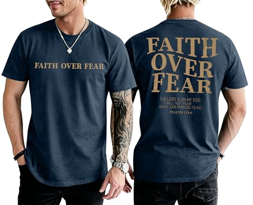BANGELY Faith Over Fear Shirt Men Graphic Shirts Oversized Workout Gym Jesus Christian Religious Tees Short Sleeve Tops - color: B-blue, size: Medium