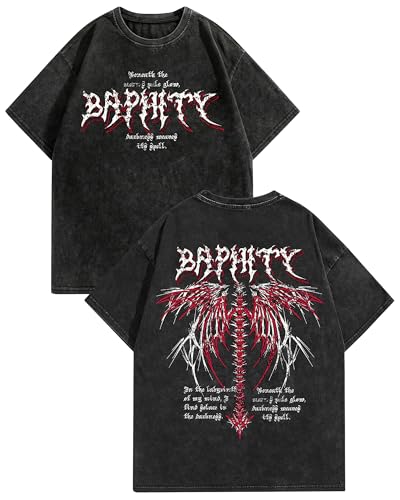 BAPHITY Mens Streetwear Crew Neck Cotton Graphic T Shirt - color: Black Wings, size: X-Large