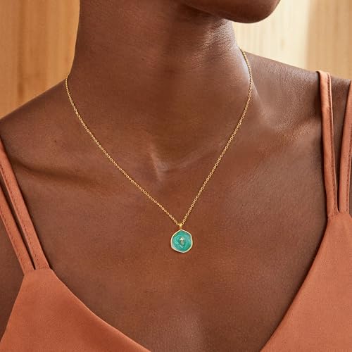 Robaice Cross Necklace for Women, Dainty 14K Gold Plated Cross Necklace - style: disc cross green