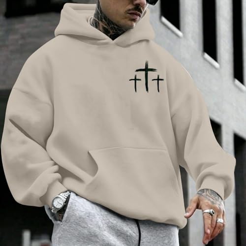Men Faith Over Fear Christian Cross Graphic Pullover Hoodie - color: Apricot, size: X-Large
