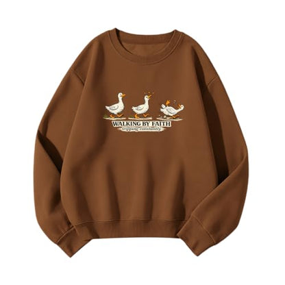 Silly Goose Christian Sweatshirts for Women Walking by Faith Tripping Constantly Sweatshirt Cute Graphic Crewneck - color: Brown, size: Large