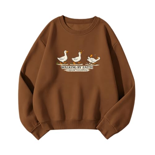 Silly Goose Christian Sweatshirts for Women Walking by Faith Tripping Constantly Sweatshirt Cute Graphic Crewneck - color: Brown, size: X-Large