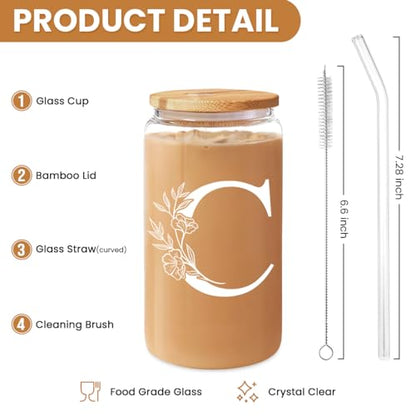 SANDJEST Monogrammed Gifts for Women - Monogram C Initial Glass Cup 16 Oz Can Coffee Cups with Lid and Straw - Monogram Initials Gifts for Womens on Birthday - color: Initial C