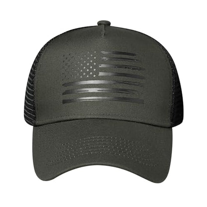 Baseball Cap, American Flag Trucker Hat for Men Women, Breathable Adjustable Fit Outdoor Mesh Snapback Hats - color: Olive/Black Flag