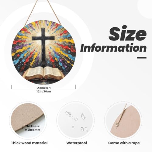 Door Sign Round Wooden Hanging Plaque With Rope Cross And Open Bible With Light Burst 12 X 12 Inch Rustic Welcome Wall Decor For Porch Entryway Farmhouse Home