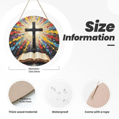 Door Sign Round Wooden Hanging Plaque With Rope Cross And Open Bible With Light Burst 12 X 12 Inch Rustic Welcome Wall Decor For Porch Entryway Farmhouse Home