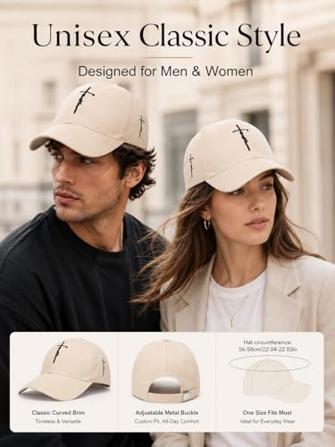 Embroidered Cross Baseball Cap, Christian Adjustable Snapback Hat for Men & Women, Structured Dad Hat with Jesus Faith Design - color: Beige