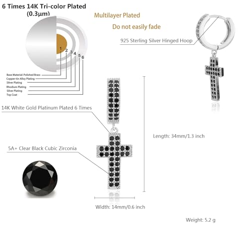 TOPGRILLZ Cross Hoop Dangle Earrings 925 Sterling Silver 5A+ Cubic Zirconia 14K Gold Hypoallergenic Cross Hoop Cuff Huggie Drop Earrings For Men Women - color: Cross 2 Silver Black