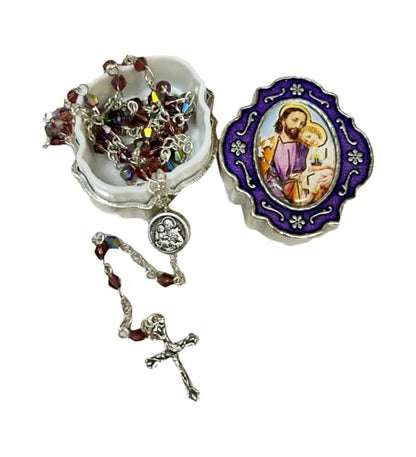 Catholic Silver Linked Rosary Set – 3mm Beads, 14.25" Length, Metal Keepsake Gift Box with Enamel Inlay – Perfect First Communion Gift (Saint Joseph) - color: Saint Joseph