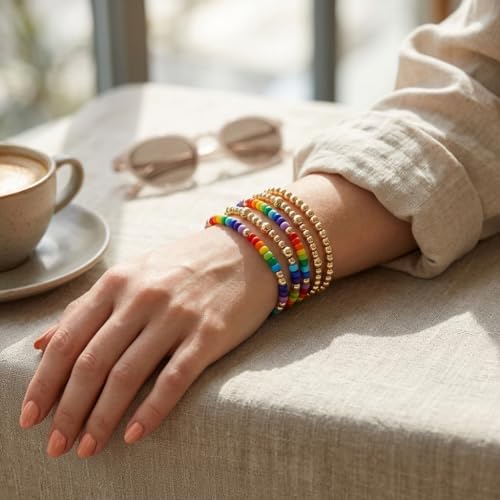 Gold Pearl Beaded Cross Bracelets Stack Set for Women, Boho Handmade Colorful Small Beads Stretchable Jewelry Friendship Summer Trendy Gift. - color: Rainbow