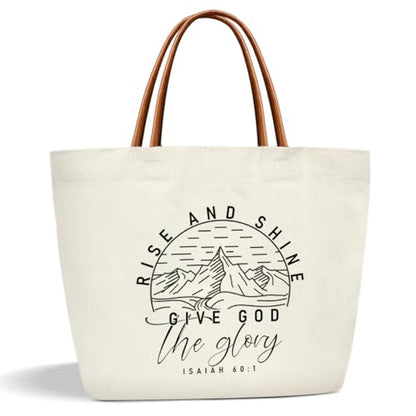Bible Verse Tote Bags Religion Gifts for Women Christian Canvas Tote Bag Aesthetic Christian Gifts for Women Grocery Beach Bag Shopping Handbag -16 - style: Rise and Shine Give God the Glory -16