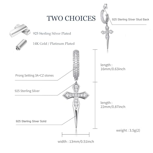 TOPGRILLZ Cross Hoop Dangle Earrings 925 Sterling Silver 5A+ Cubic Zirconia 14K Gold Hypoallergenic Cross Hoop Cuff Huggie Drop Earrings For Men Women - color: 925 Sterling Silver