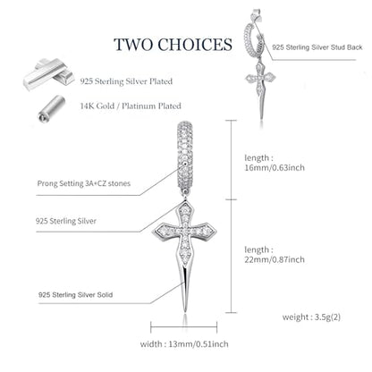 TOPGRILLZ Cross Hoop Dangle Earrings 925 Sterling Silver 5A+ Cubic Zirconia 14K Gold Hypoallergenic Cross Hoop Cuff Huggie Drop Earrings For Men Women - color: 925 Sterling Silver
