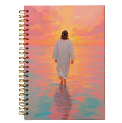 bitCNY Inspirational Christian Notebook – Jesus Walking Into Sunset – Spiritual Faith Journal with Colorful Sky, Spiral Bound 5.5x8.3 Inches - color: white-Pink-Orange Sky