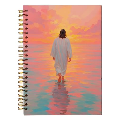 bitCNY Inspirational Christian Notebook – Jesus Walking Into Sunset – Spiritual Faith Journal with Colorful Sky, Spiral Bound 5.5x8.3 Inches - color: white-Pink-Orange Sky