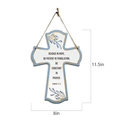 Rejoice in hope, be patient in tribulation, be constant in prayer. Romans 12:12 11.5" x 8" Cross Hanging Sign | Rustic Twine | Inspiring Religious Bible Decor