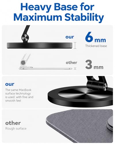 Phone Stand for Desk, 360° Rotating Dual Adjustable Foldable Cell Phone Holder, Heavy Solid All-Aluminum Base Anti-Slip Stable Support for Home Office Study, Fits iPhone Galaxy 4-8" Phones - color: Black