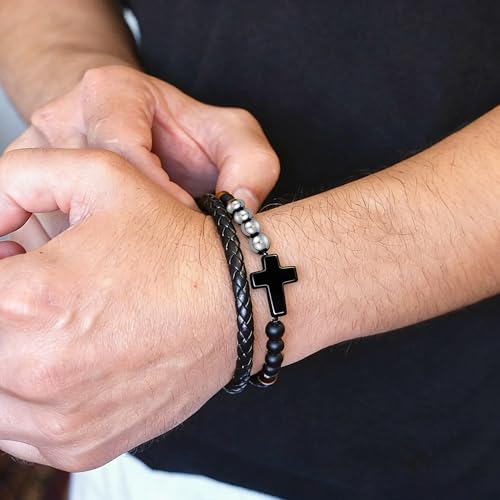 Gifts for Men Bracelets Triple Protection Cross Bracelet 8mm Black Obsidian Hematite Tiger Eye Beaded Natural Stone Bracelets Birthday Jewelry Gifts Cross Christian Gift for Him Husband Son - color: To My Man,Triple Style