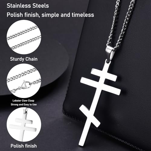 Men's Orthodox Cross Pendant Necklace - Trendy Religious Cross Chain,Hypoallergenic Waterproof Stainless Steel Christian Long Necklaces,Non Tarnish Byzantine Cross Symbol Pendants Necklace for Him - color: Gold+Silver