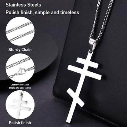 Men's Orthodox Cross Pendant Necklace - Trendy Religious Cross Chain,Hypoallergenic Waterproof Stainless Steel Christian Long Necklaces,Non Tarnish Byzantine Cross Symbol Pendants Necklace for Him - color: Gold+Silver