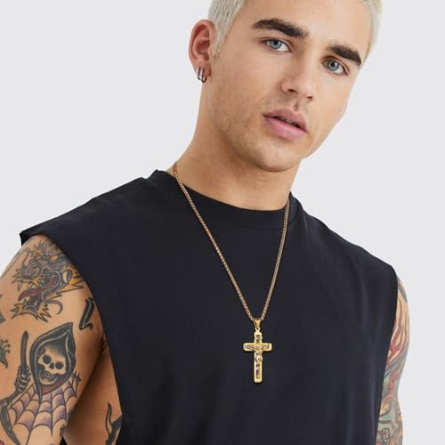 HZMAN Catholic Jesus Christ INRI Cross Crucifix Pendant Necklace for Men - color: Gold