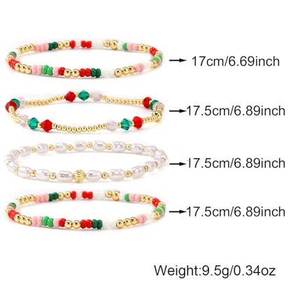 Gold Beaded Bracelets Stack for Women Stackable 14K Gold Plated Beads Ball Cross Bracelet Boho Christian Jewelry Faith Friendship Birthday Gifts for Women - color: Red Green White